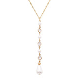 Long Elegant Crystal and Faux Pearl Teardrop Y Pendant Necklace