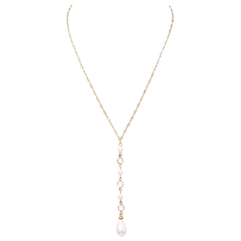 Long Elegant Crystal and Faux Pearl Teardrop Y Pendant Necklace