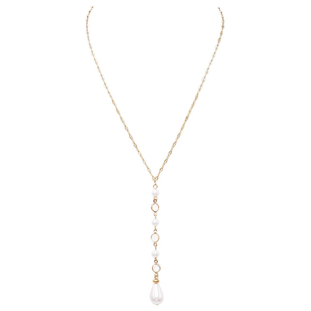 Long Elegant Crystal and Faux Pearl Teardrop Y Pendant Necklace