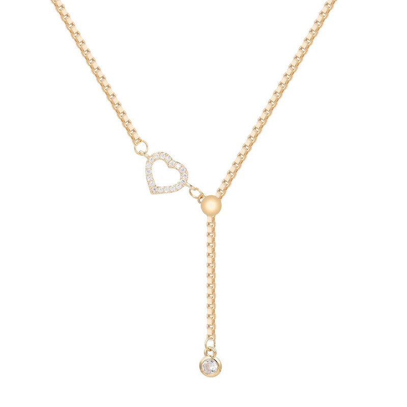 Adjustable Gold Tone Y Necklace with Crystal Heart Detail 18" with 3.5"