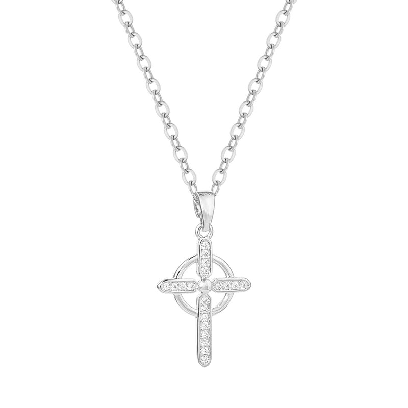 Religious Gift Cubic Zirconia Cross Pendant Necklace (Silver Tone)