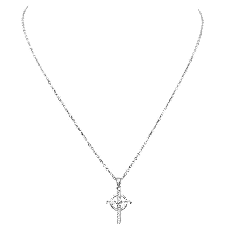 Religious Gift Cubic Zirconia Cross Pendant Necklace (Silver Tone)