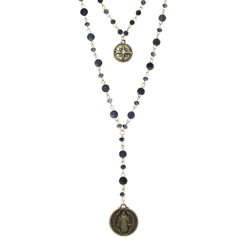 Beaded 2-Strand St Benedict Cross Pendant Necklace (Gold Tone/Black)