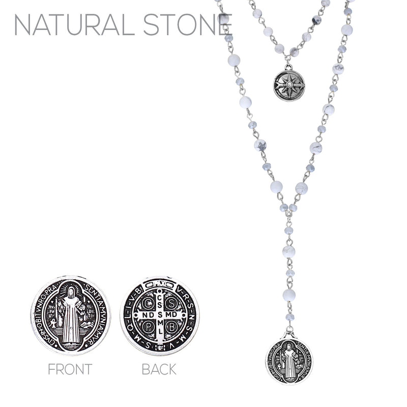 Beaded 2-Strand St Benedict Cross Pendant Necklace (Silver/White)