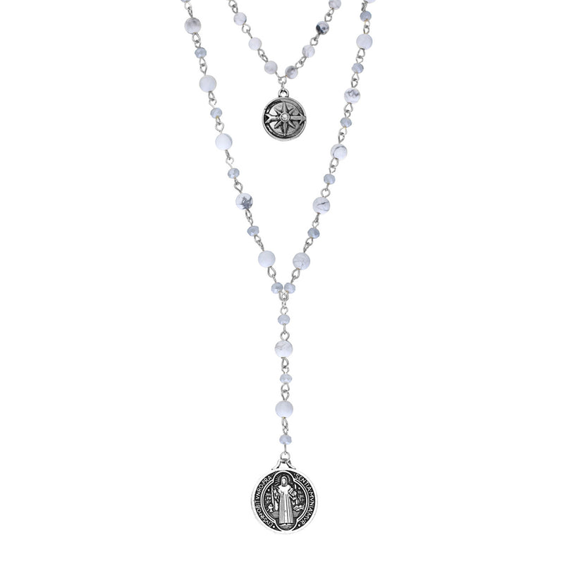 Beaded 2-Strand St Benedict Cross Pendant Necklace (Silver/White)