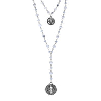 Beaded 2-Strand St Benedict Cross Pendant Necklace (Silver/White)
