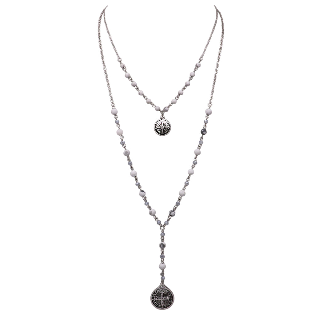 Beaded 2-Strand St Benedict Cross Pendant Necklace (Silver/White)