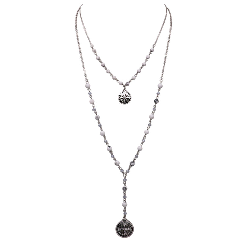 Beaded 2-Strand St Benedict Cross Pendant Necklace (Silver/White)