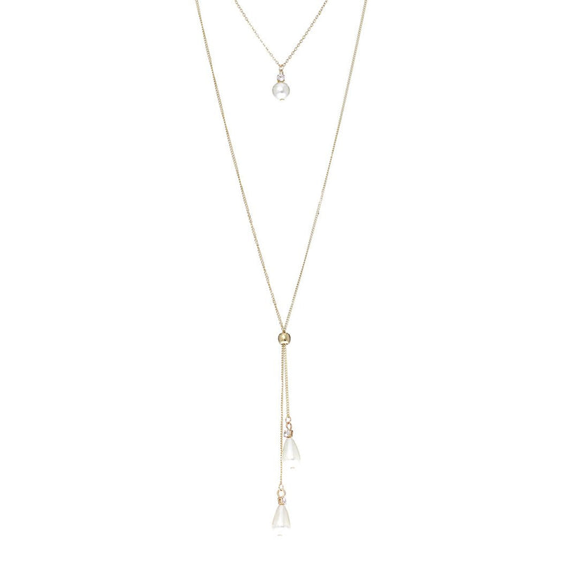 Faux Pearl Bolo Style Choker Combo Necklace with Crystal Accents