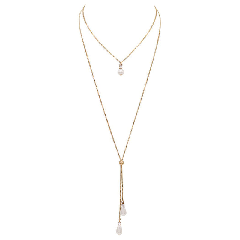 Faux Pearl Bolo Style Choker Combo Necklace with Crystal Accents