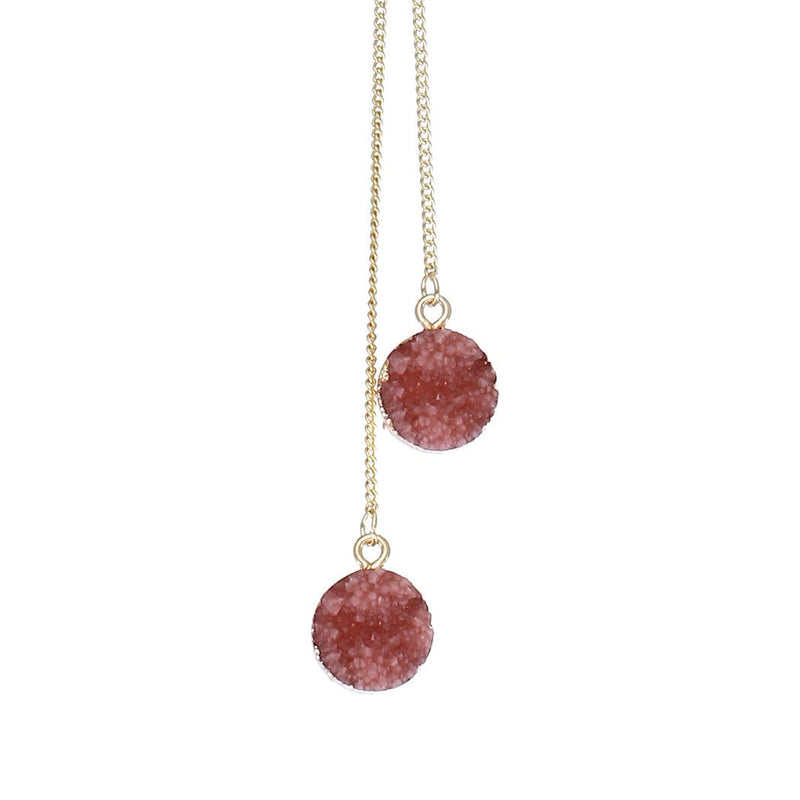 Double Chain Round Faux Druzy Stone Pendant Necklace (Dusty Rose)