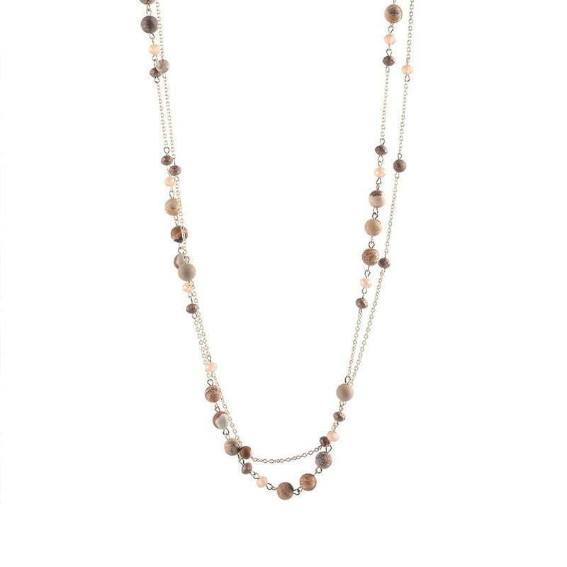 Double Chain with Glass Bead and Natural Stone Necklace, 46"+3.5" Extender