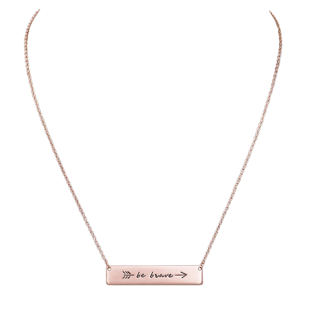Rose Gold Arrow Design Inspirational Inscription "Be Brave" Bar Pendant Necklace