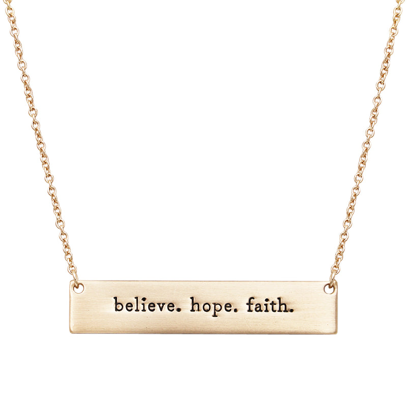 Women's Gold Tone Horizontal Inspiration Bar Pendant Necklace Believe Hope Faith