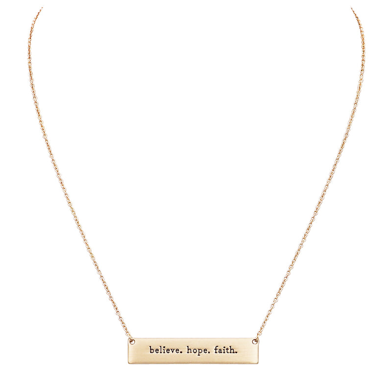 Women's Gold Tone Horizontal Inspiration Bar Pendant Necklace Believe Hope Faith