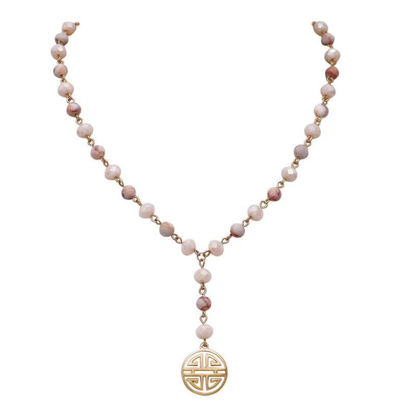 Four Blessings Good Luck Necklace with Glass Bead and Natural Stone (Light Pink)