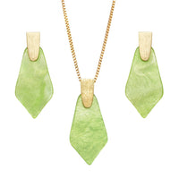 Geometric Diamond Shaped Lucite Statement Pendant Necklace and Hypo Allergenic Earring Set (Green Necklace/Earring Set)