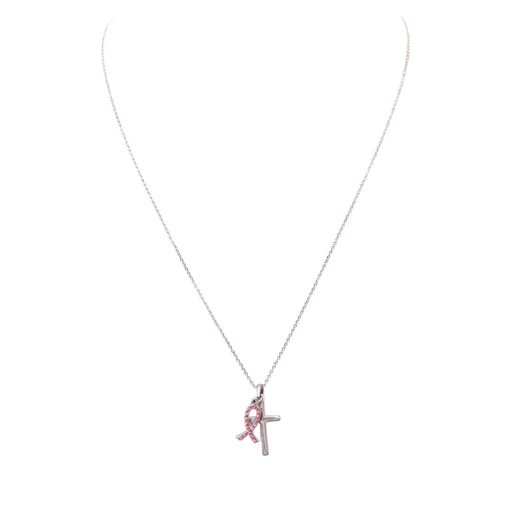 Inspirational Breast Cancer Awareness Pink Crystal Ribbon and Silver Cross Charm Necklace, 18"-20" with 3" Extender