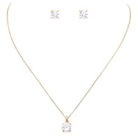 Premium Cubic Zirconia 8mm Solitaire Pendant Necklace Hypoallergenic Post Earrings Set (Gold Tone)