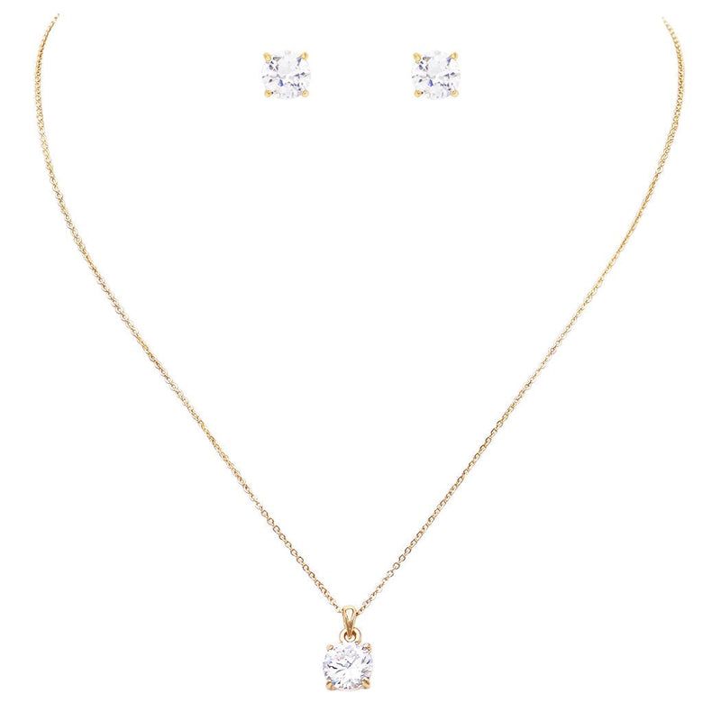 Premium Cubic Zirconia 8mm Solitaire Pendant Necklace Hypoallergenic Post Earrings Set (Gold Tone)