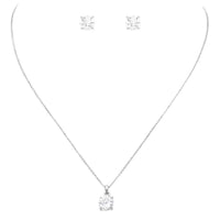 Premium Cubic Zirconia 8mm Solitaire Pendant Necklace Hypoallergenic Post Earrings Set (Silver Tone)