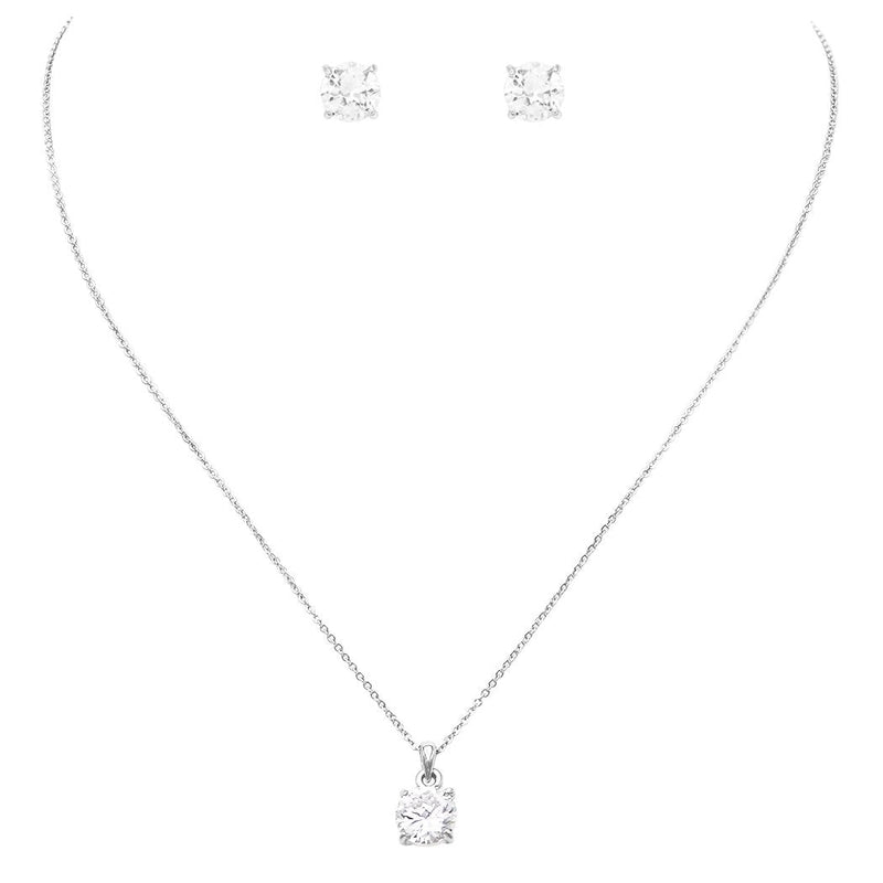 Premium Cubic Zirconia 8mm Solitaire Pendant Necklace Hypoallergenic Post Earrings Set (Silver Tone)