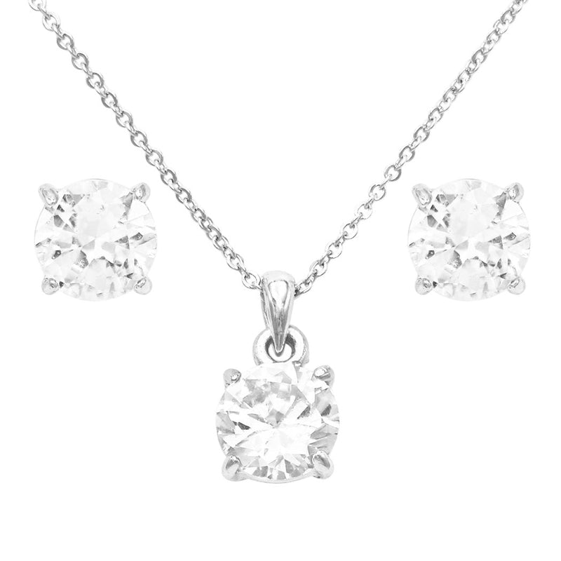 Premium Cubic Zirconia 8mm Solitaire Pendant Necklace Hypoallergenic Post Earrings Set (Silver Tone)