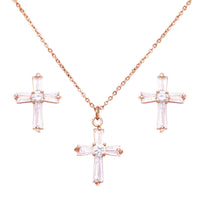 Women's Premium Cubic Zirconia Cross Pendant Necklace Hypoallergenic Post Earring Jewelry Gift Set