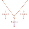 Simple Christian Cross Pendant Necklace And Hypoallergenic Post Back Earrings, 16"+2" Extender (Cubic Zirconia Crystal Rose Gold Tone Set)