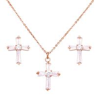 Simple Christian Cross Pendant Necklace And Hypoallergenic Post Back Earrings, 16"+2" Extender (Cubic Zirconia Crystal Rose Gold Tone Set)