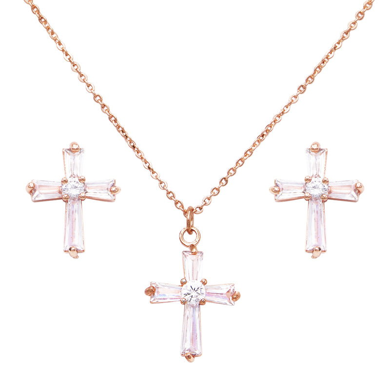 Simple Christian Cross Pendant Necklace And Hypoallergenic Post Back Earrings, 16"+2" Extender (Cubic Zirconia Crystal Rose Gold Tone Set)