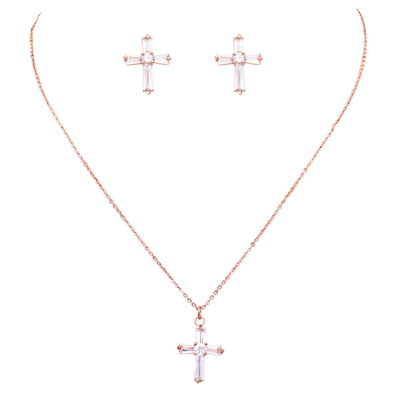 Women's Premium Cubic Zirconia Cross Pendant Necklace Hypoallergenic Post Earring Jewelry Gift Set