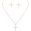 Simple Christian Cross Pendant Necklace And Hypoallergenic Post Back Earrings, 16"+2" Extender (Cubic Zirconia Crystal Rose Gold Tone Set)