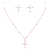 Simple Christian Cross Pendant Necklace And Hypoallergenic Post Back Earrings, 16"+2" Extender (Cubic Zirconia Crystal Rose Gold Tone Set)