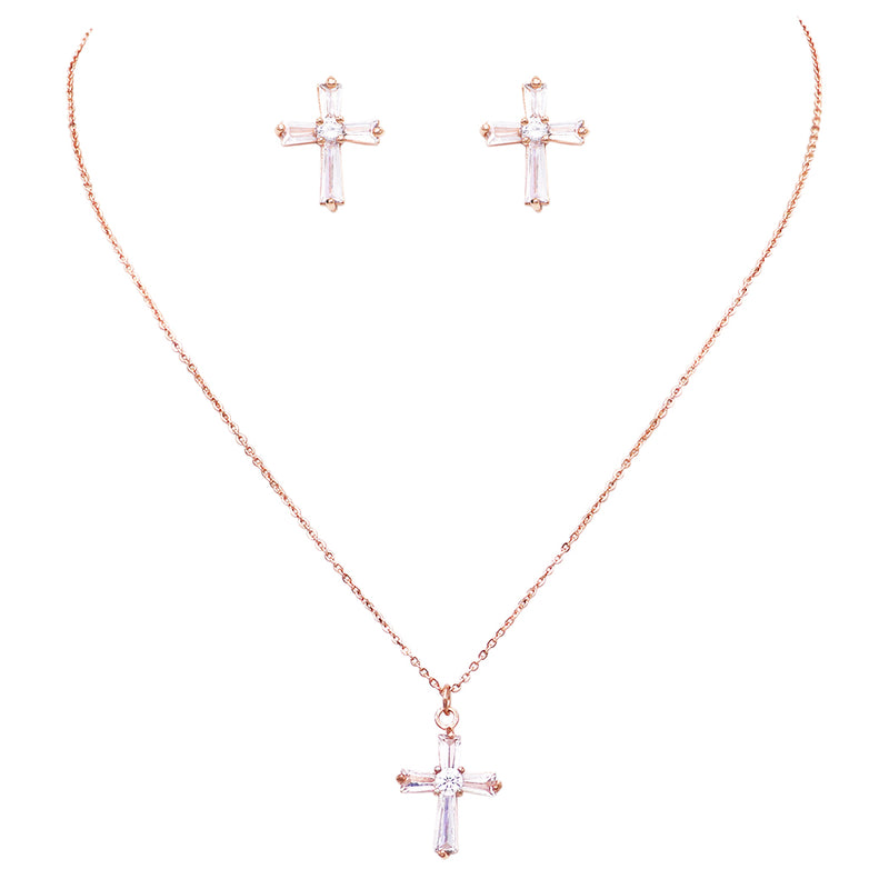 Simple Christian Cross Pendant Necklace And Hypoallergenic Post Back Earrings, 16"+2" Extender (Cubic Zirconia Crystal Rose Gold Tone Set)