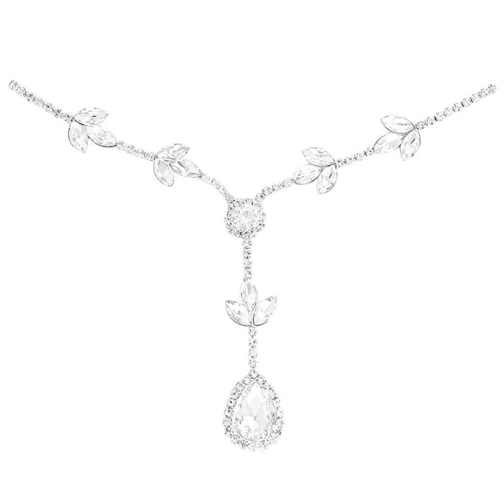 Elegant Crystal Rhinestone Adjustable Slide Backdrop Style Bridal Necklace (Silver Tone Marquis Leaf)
