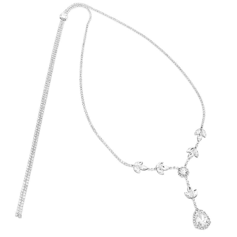 Elegant Crystal Rhinestone Adjustable Slide Backdrop Style Bridal Necklace (Silver Tone Marquis Leaf)