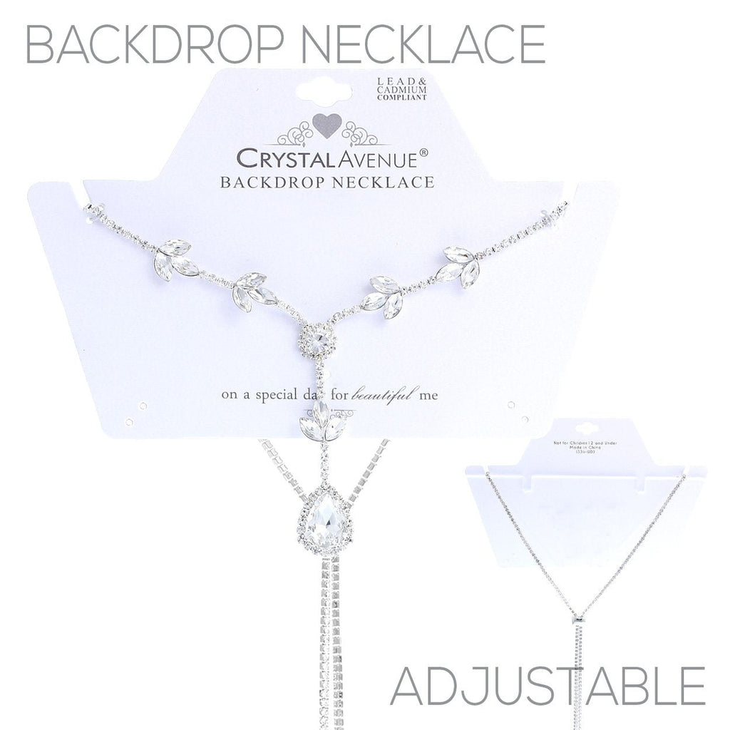 Elegant Crystal Rhinestone Adjustable Slide Backdrop Style Bridal Necklace (Silver Tone Marquis Leaf)