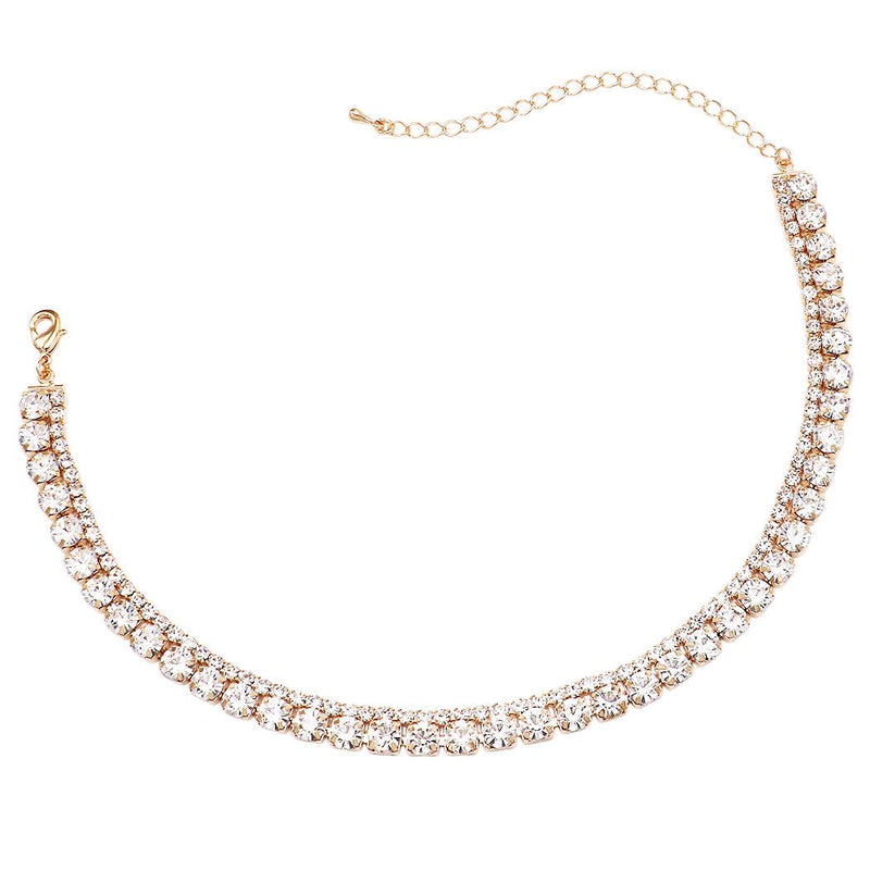 Brilliant 2 Row Crystal Rhinestone Statement Choker Necklace (Gold Tone)