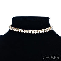 Brilliant 2 Row Crystal Rhinestone Statement Choker Necklace (Gold Tone)