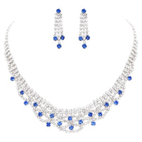 Vintage Style Blue Accented Crystal Rhinestone Statement Collar Necklace Earrings Set