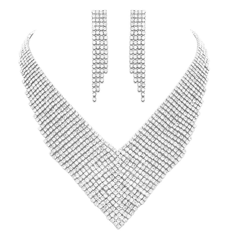 Women's Crystal Rhinestone Bridal V-Necklace and Hypoallergenic Earrings Set, 14"-17" with 3" Extender (Silver Tone)