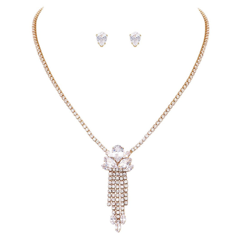 Women's Stunning Marquis and Pear Cubic Zirconia Crystal Fringe Pendant Necklace Hypoallergenic Earring Bridal Jewelry Set, 15"-18" with 3" Extender