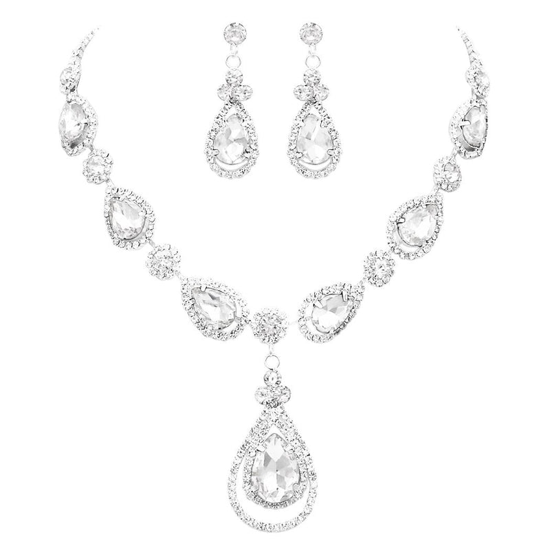 Crystal Rhinestone Teardrop Bridal Necklace and Earrings Gift Set (Clear)