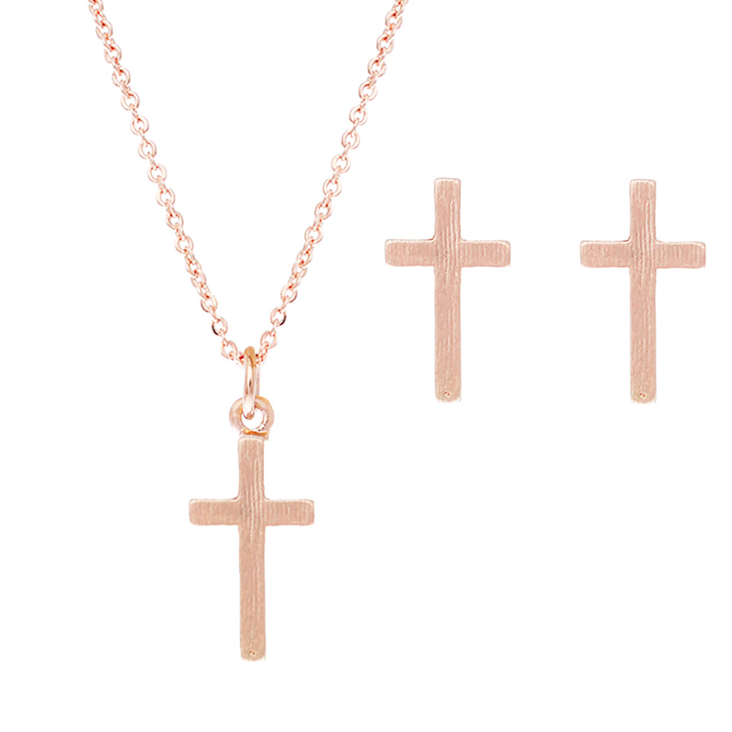 Cross Pendant Necklace Hypoallergenic Post Earrings Set (Necklace Earrings Set/Rose Gold)