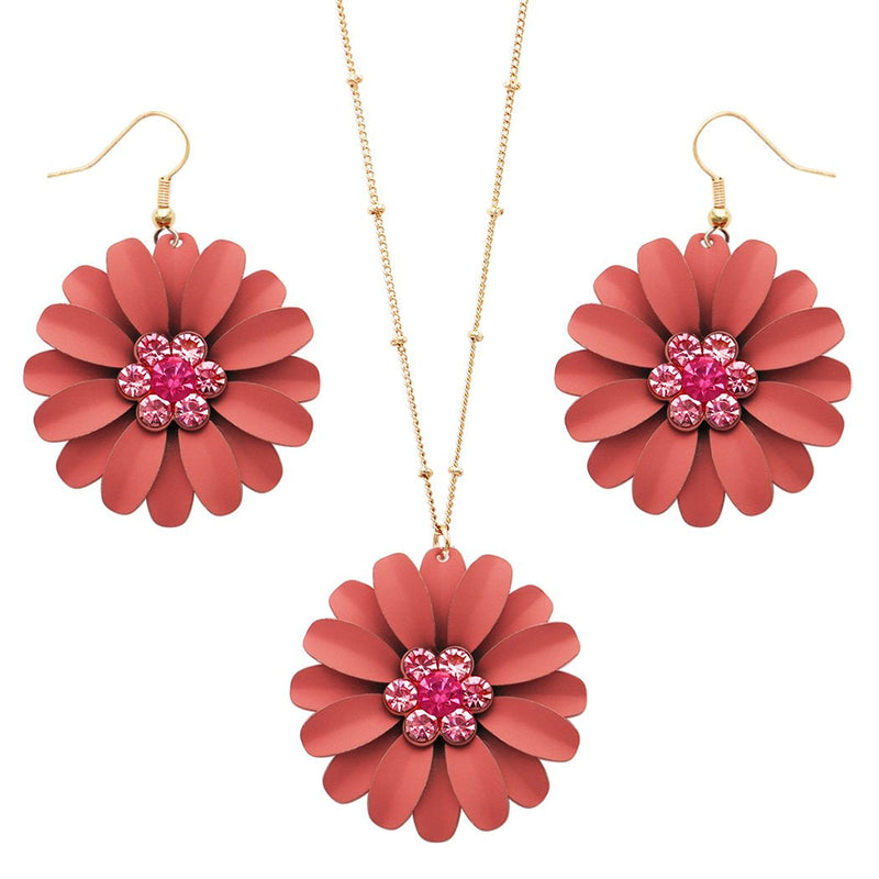 Summertime Fun Daisy Flower Pendant Necklace and Earrings Set (Coral Necklace Earrings Set)