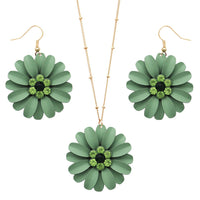 Summertime Fun Daisy Flower Pendant Necklace and Earring Jewelry Set (Green Necklace Earrings Set)