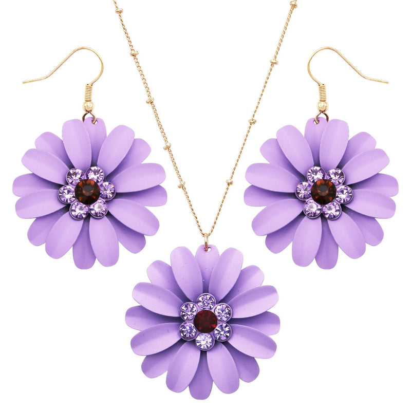 Women's Summertime Fun Daisy Flower Pendant Necklace and Earring Jewelry Gift Set