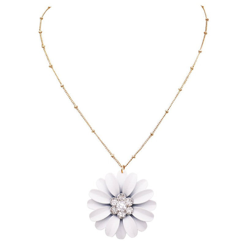 Women's White Daisy White Flower Pendant Necklace, 16" - 19"with 3" Extender