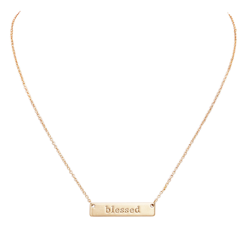 Blessed Inspirational Bar Pendant Necklace (Matte Gold Tone)